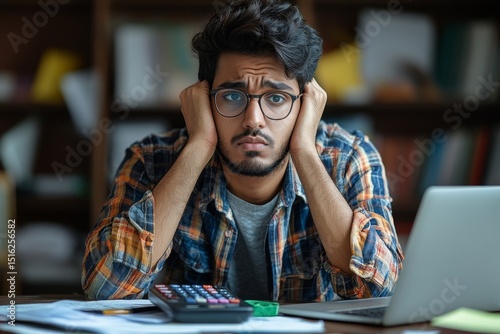 Stressed man with glasses at desk with laptop calculator and paperwork in front of a bookshelf