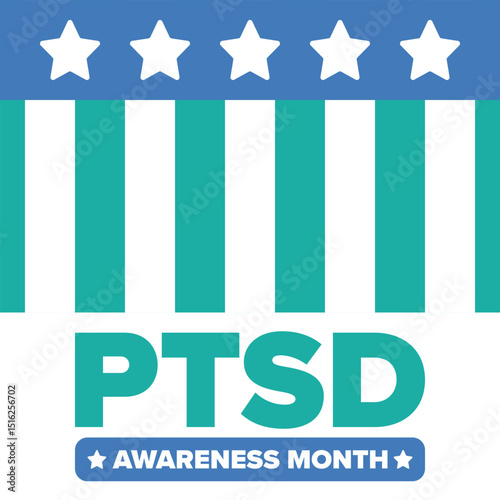 PTSD Awareness Month in June. Post Traumatic Stress Disorder. Celebrated annual in United States. Medical health care and awareness design. Poster, card, banner and background. Vector illustration