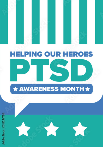 PTSD Awareness Month in June. Post Traumatic Stress Disorder. Celebrated annual in United States. Medical health care and awareness design. Poster, card, banner and background. Vector illustration