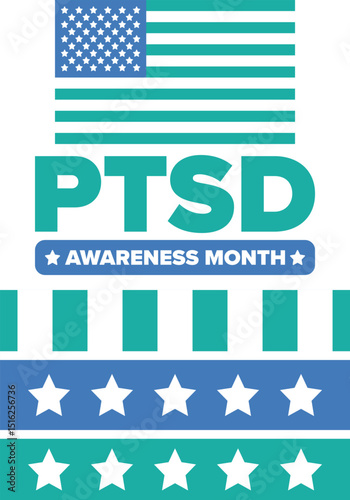 PTSD Awareness Month in June. Post Traumatic Stress Disorder. Celebrated annual in United States. Medical health care and awareness design. Poster, card, banner and background. Vector illustration