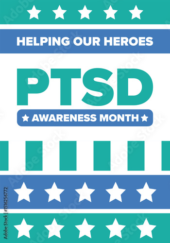 PTSD Awareness Month in June. Post Traumatic Stress Disorder. Celebrated annual in United States. Medical health care and awareness design. Poster, card, banner and background. Vector illustration