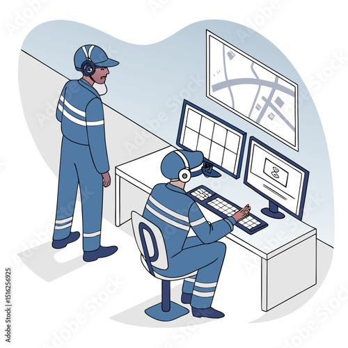 Two uniformed professionals monitoring control room screens and computers for safety and operations illustration