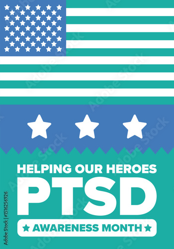 PTSD Awareness Month in June. Post Traumatic Stress Disorder. Celebrated annual in United States. Medical health care and awareness design. Poster, card, banner and background. Vector illustration