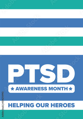 PTSD Awareness Month in June. Post Traumatic Stress Disorder. Celebrated annual in United States. Medical health care and awareness design. Poster, card, banner and background. Vector illustration