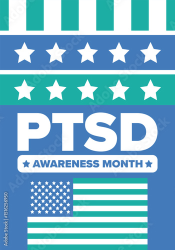 PTSD Awareness Month in June. Post Traumatic Stress Disorder. Celebrated annual in United States. Medical health care and awareness design. Poster, card, banner and background. Vector illustration