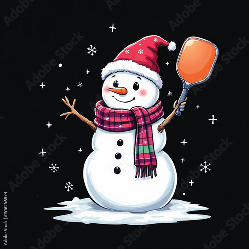 Cartoon snowman wearing santa hat and scarf holding pickleball paddle against a starry background