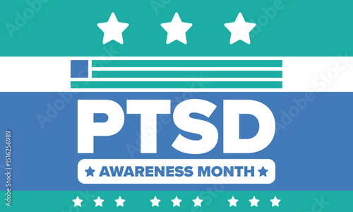 PTSD Awareness Month in June. Post Traumatic Stress Disorder. Celebrated annual in United States. Medical health care and awareness design. Poster, card, banner and background. Vector illustration