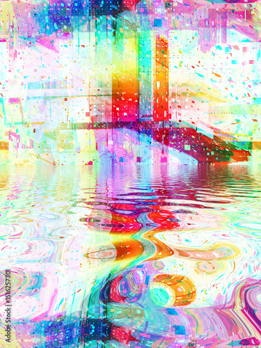 Abstract background of architecture and water reflection with glitch effects. Photo manipulation. Multi-layered multiple exposure composition.