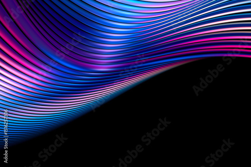 Abstract geometric neon lines background with copy space. Fractal render. Colorful glowing waves pattern.
