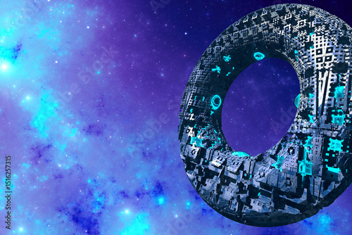 Fototapeta Naklejka Na Ścianę i Meble -  Sci-fi torus UFO with galaxy of stars in outer space. Abstract fractal art background with copy space.
