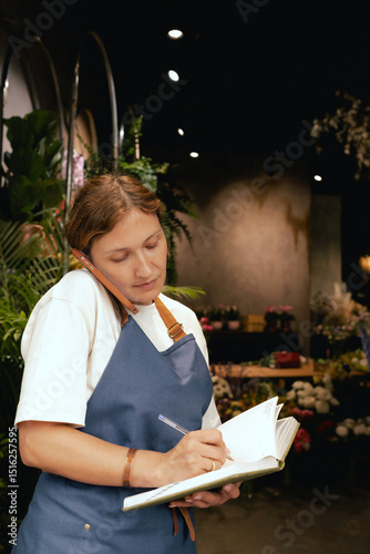 Middle-aged female florist in apron arranging calling on the smart phone. She is arranging logistics, and delivery, taking orders. Small local business. Part of a series