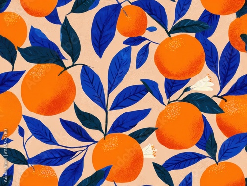 Bright and colorful illustrated pattern of oranges with vivid blue leaves on a light background