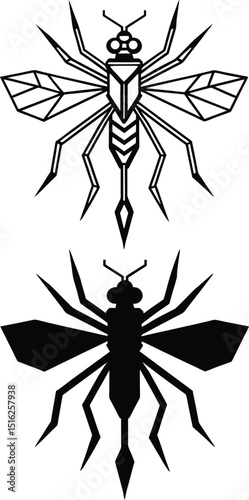 Geometric Insect Illustrations: A striking artistic depiction of an insect, showcasing its intricate details through geometric shapes and a minimalist style. The duality of the design.