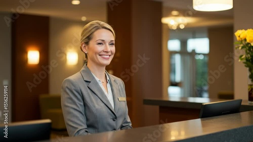 Hotel receptionist smiling at customer