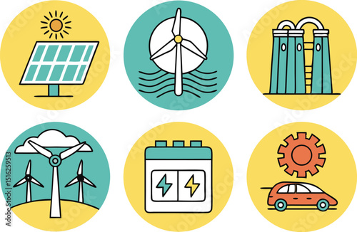 circular renewable energy icons with solar and wind