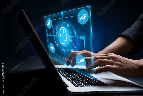 Artificial intelligence surveillance system monitoring user activity concept illustrated with laptop and network security cameras