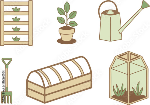 earth tone gardening icons with plant and watering can
