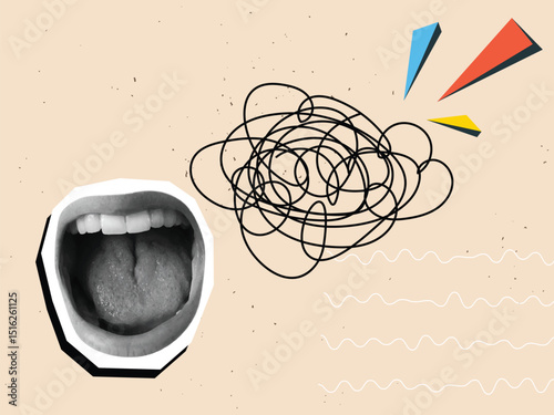Screaming open mouth. Modern collage style. Vector illustration