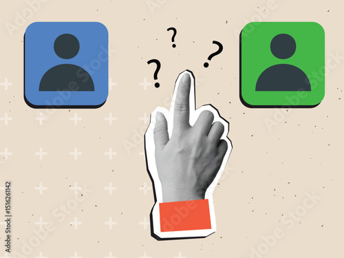 Black and white hand between the two human icons. The concept of choice. Modern collage style. Vector illustration