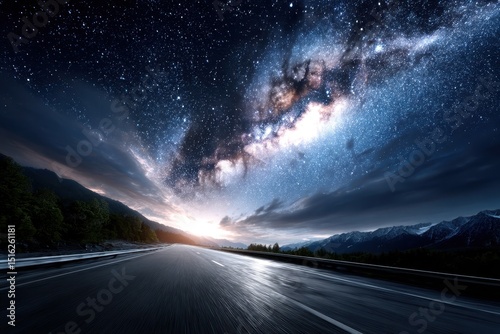 Vast night sky filled with stars over an empty mountain road