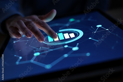 Hand interacting with a futuristic digital interface displaying data analytics and network connectivity on a touchscreen tablet