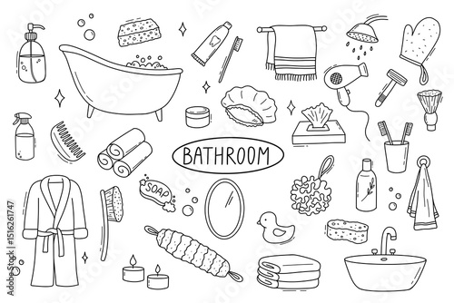 Bathroom hand drawn illustrations in doodle style. Vector line art sketch. Shampoo, toothbrush, towel and sink icons set.