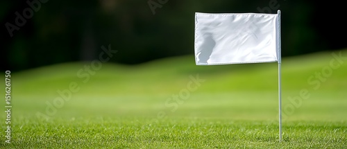 large blank vinyl sign near golf hole flag waving minimal aesthetic vibrant green field space for sponsor message