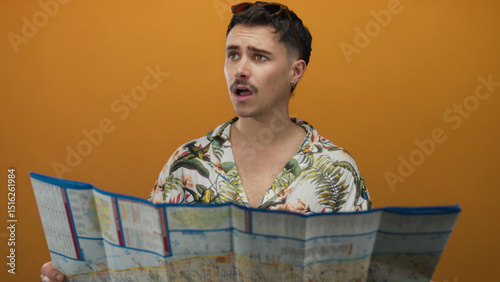 Young hispanic man wearing floral shirt studies map against isolated orange background on vacation
