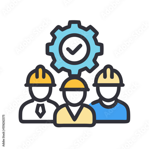 Three engineers with a gear symbol representing quality control
