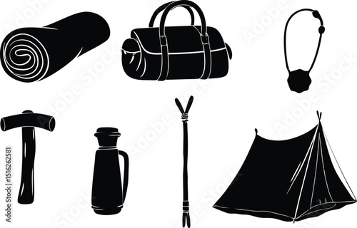 camping gear icon set with tent, bag, and bedroll