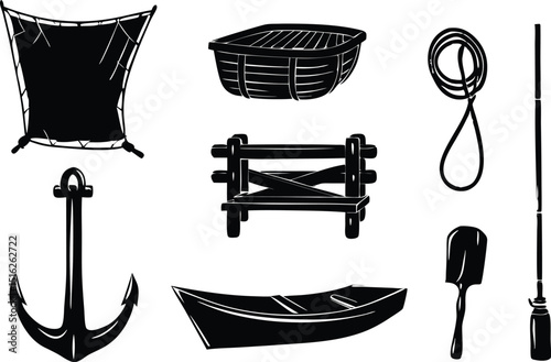 nautical fishing icon set with net, boat, and anchor