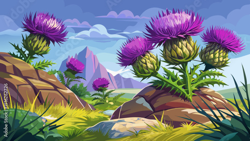 Sharp purple thistle flowers bloom with prickly leaves in the wild. This close-up in natural sunlight reveals texture and resilience, thriving among rocks and grassy plains in Europe.

