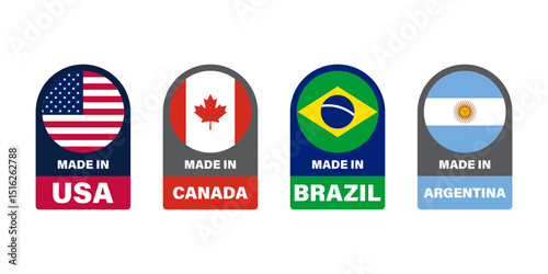 Made in. Stickers american countries icon set. Brazil, Argentina, Canada, USA