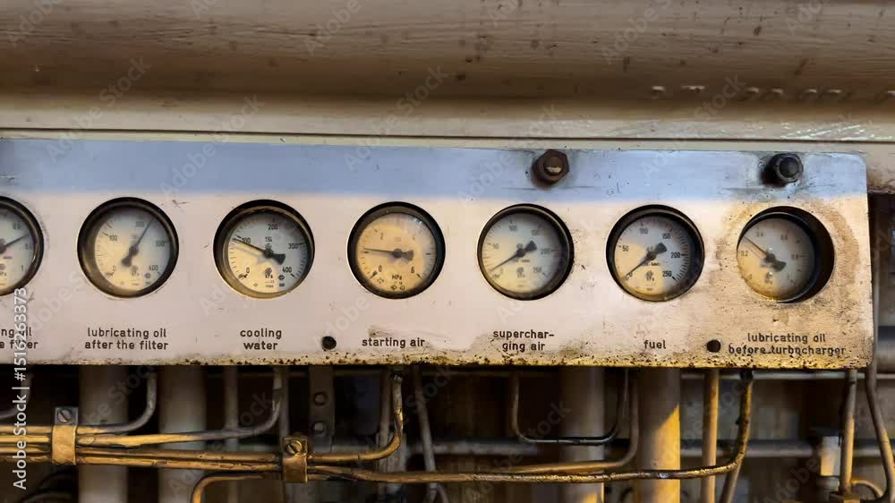 Row of Vintage analog gauge pressure running over old generator machine in manufacturing factory.