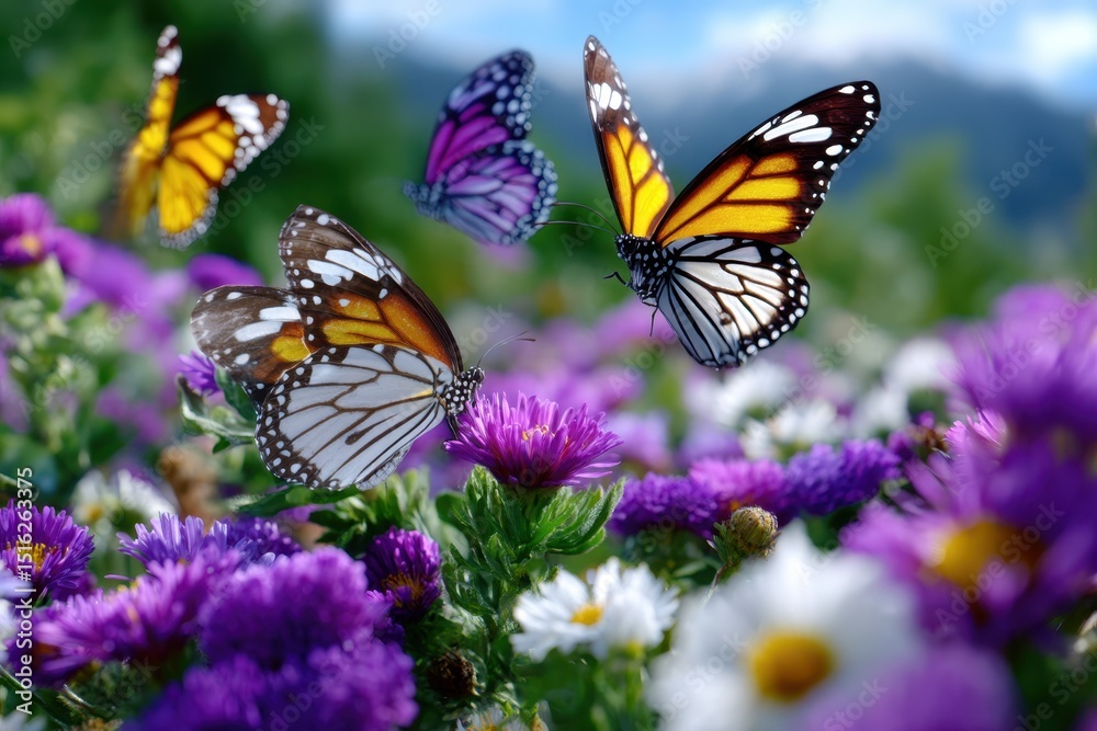 Fototapeta premium Colorful butterflies flutter over vibrant flowers in a sunny garden setting