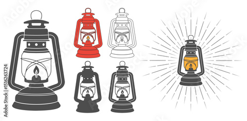 Vintage camping lantern silhouette icon symbol shape collection. Retro gas lamp logo sign grunge set. Storm lantern. Vector illustration. Isolated on white background.