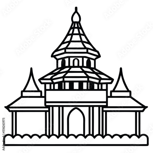 A vector silhouette of an old church or medieval castle tower in a fantasy city landscape, ideal for architectural illustrations or vintage art