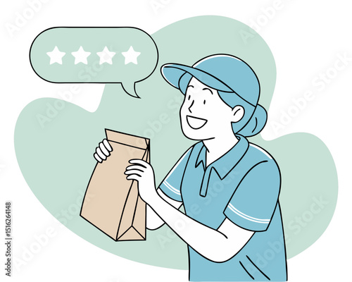 Delivery man, courier, postman holding, carrying delivery paper bag, order. Logistic worker delivering parcel to customer and receiving feedback. Vector illustration. 