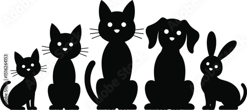 A collection of black silhouette images of cats dog and rabbit on a white background in a row line up