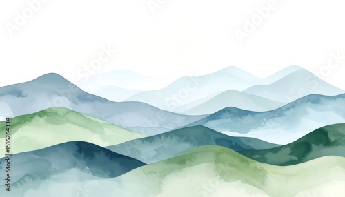 Watercolor Blue Green Mountains.