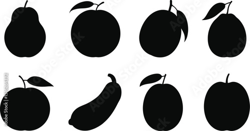 A collection of fruit silhouettes including pear apple plum and banana on a white background