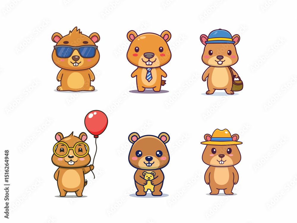 Fototapeta premium cute cartoon capybara vector illustration set kawaii animal characters ai.