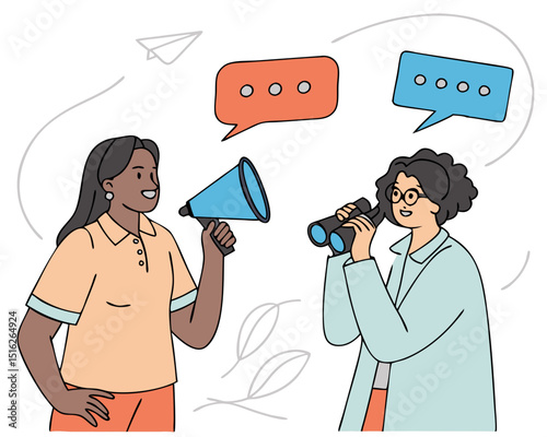 Digital business concept. Men and women standing together, holding binocular and megaphone loudspeaker and looking for new opportunities. Vector illustration.