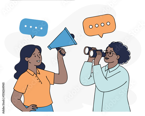Digital business concept. Men and women standing together, holding binocular and megaphone loudspeaker and looking for new opportunities. Vector illustration.