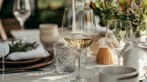 an inviting outdoor table setting adorned with delicate glassware and subtle earth tones, showcasing an atmosphere of refined conviviality