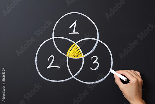 Venn diagram illustrating intersections conceptually drawn with chalk on a blackboard representing relationships and overlap for data analysis and business strategies.