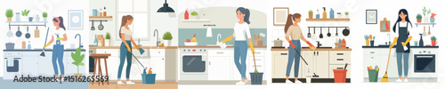 vector character woman cleaning kitchen