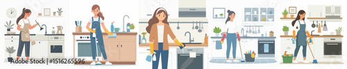 vector character woman cleaning kitchen
