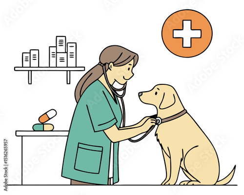 Veterinarian doctor examining dog with stethoscope at treatment table in vet clinic. Veterinary medicine and pets care concept.