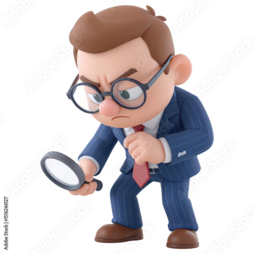 Investigator analyzing clues in office animated character business environment close-up perspective mystery